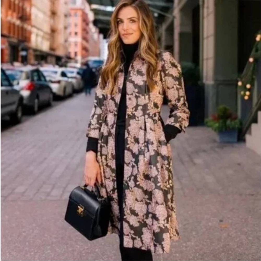 Gal Meets Glam Black and Pink Floral Trench Coat - Picture 2 of 7